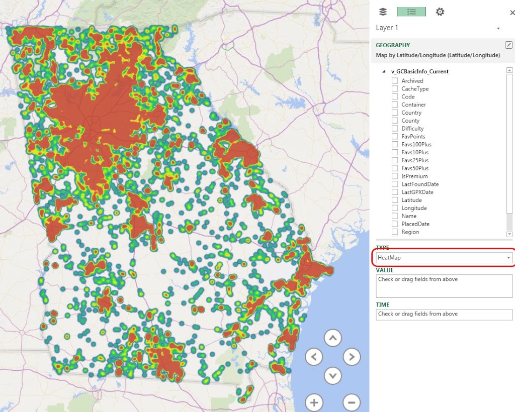 Power Map visualization of Geocaches placed in Georgia