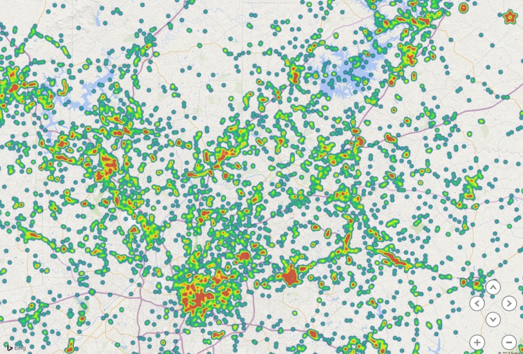 Power Map visualization of Geocaches placed in Northern Georgia