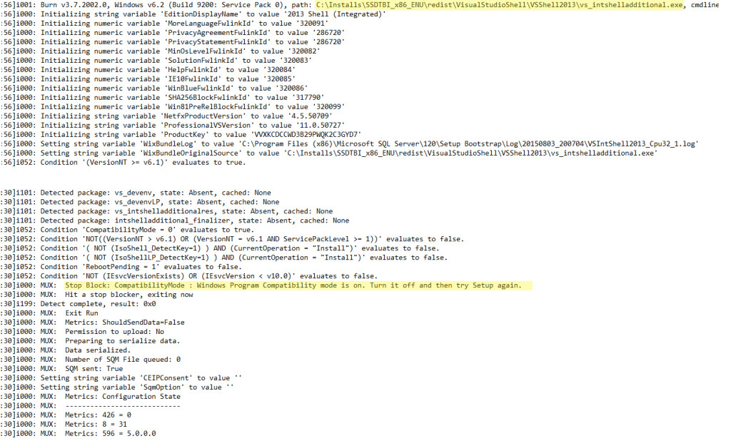 SSDT-BI Installation failure log File showing vs_intshelladditional.exe failing due to Compatibility mode