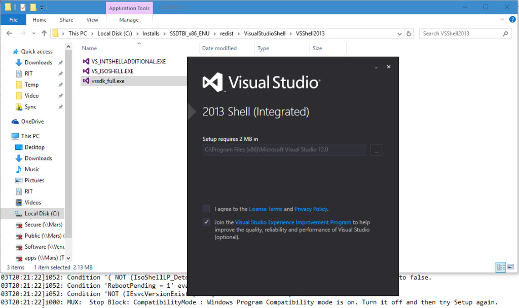 SSDT-BI VS 2013 Integrated Shell Installer renamed to vssdk_full.exe