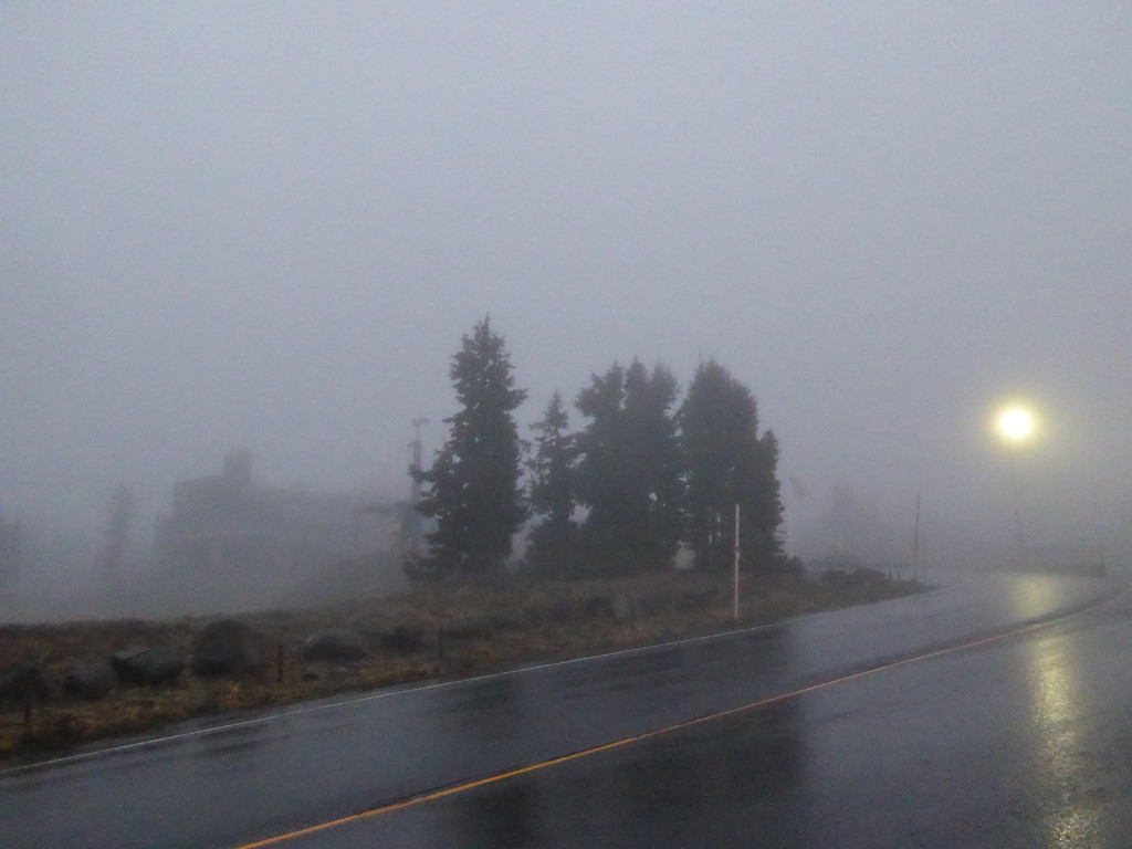 The Timberline Lodge at Mt. Hood. Light rain and heavy fog made for zero view.