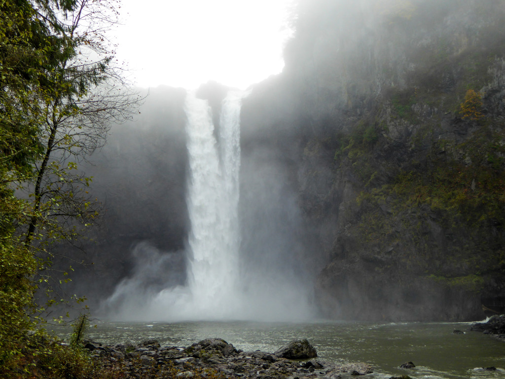 Snoqualmie Falls from the bottom in heavy fog.