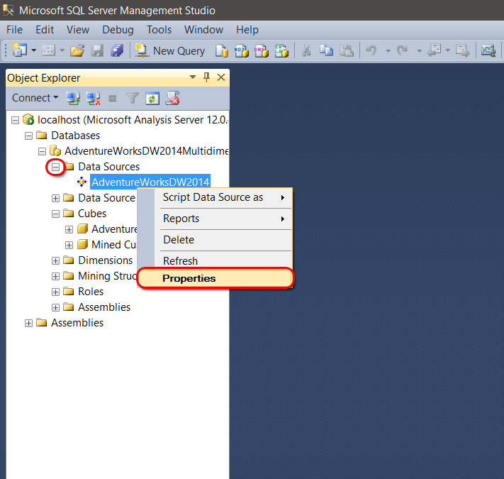 Select Properties on the AdventureWorksDW2014 Data Source