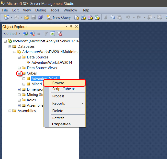 The Browse menu option on the Adventure Works cube launches the visual query designer