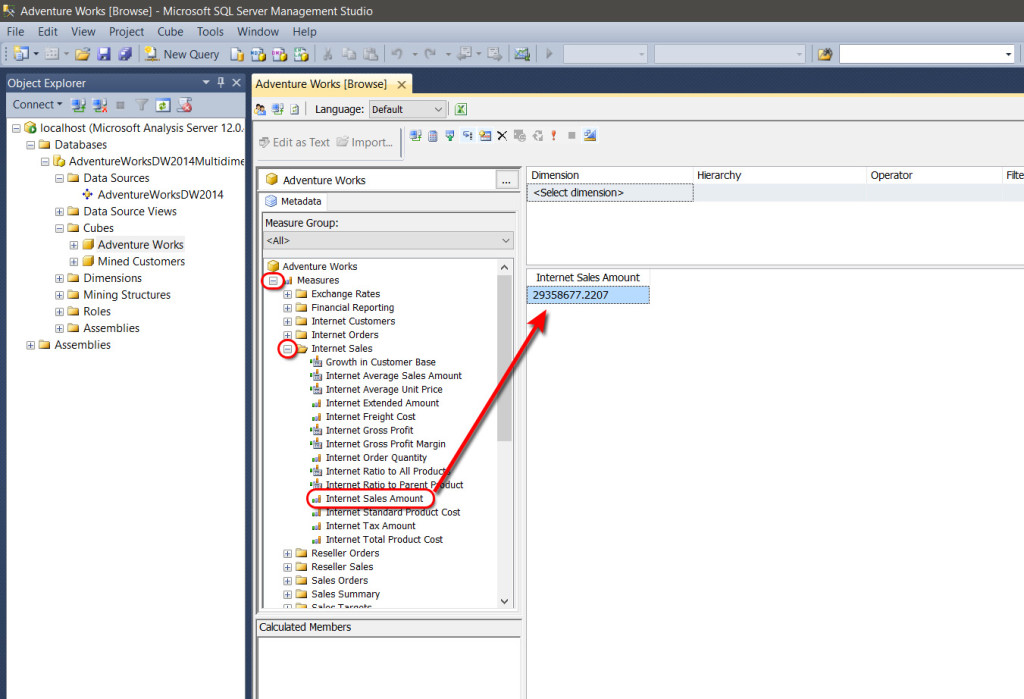 Testing the MDX cube with the SSMS visual query designer