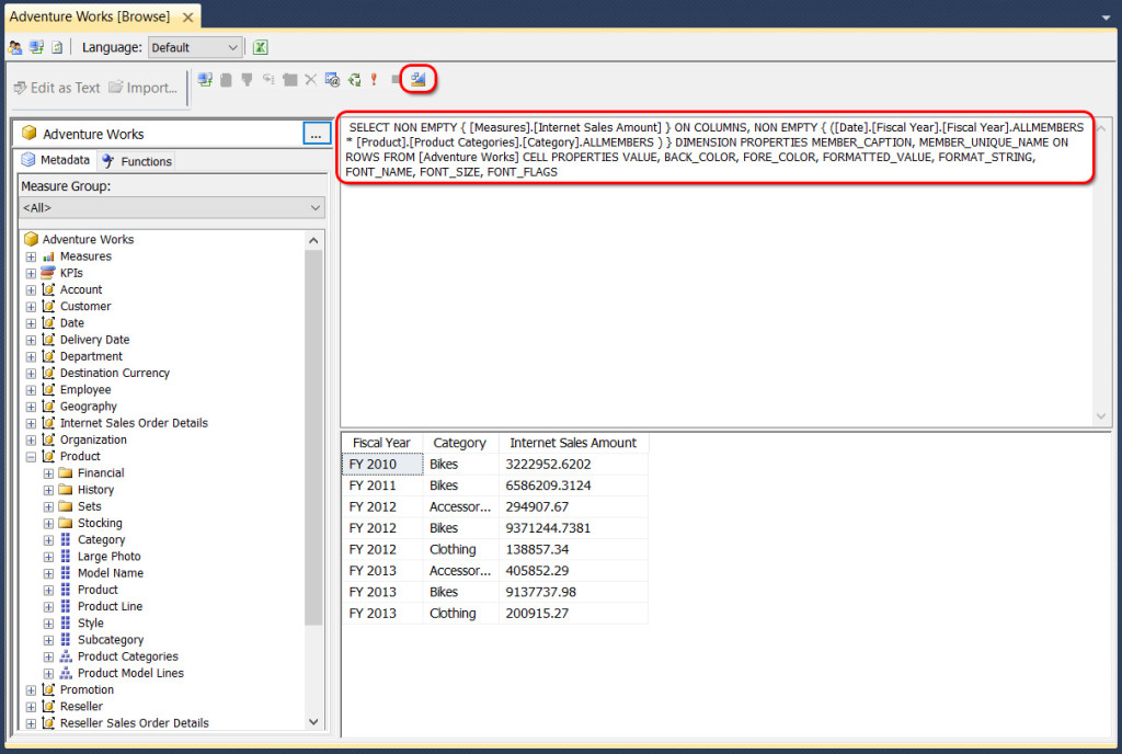 The visual query designer can show the actual text based query via the Design Mode menu icon