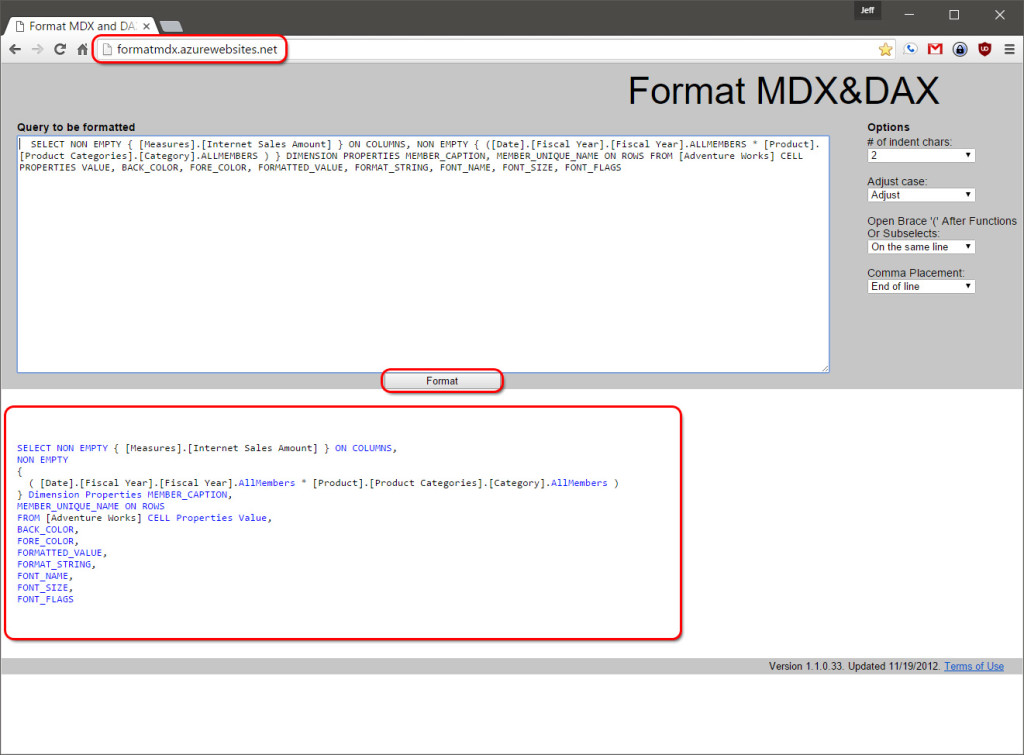 Format an MDX query to make it more readable via the Format MDX & DAX website