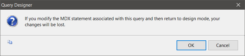 Changing the text in the query designer and switching back to visual mode results in a loss of the query